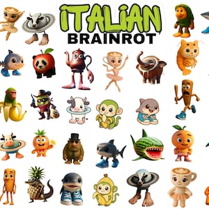 Op de afbeelding: Een verzameling grillige cartoonfiguren, waaronder een haai met sneakers, een dansende koffiekop en een aap met een banaan. De afbeelding bevat de tekst "ITALIAN BRAINROT" in groen en zwart.