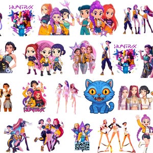May include: A collection of colorful digital illustrations featuring stylized female characters in various poses. Some images include the text "HUNTRAX" and "K-POP DEMON HUNTERS". The characters have vibrant hair and outfits.