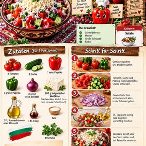 May include: A recipe card for Shopska salad featuring a bowl of chopped tomatoes, cucumbers, onions, and grated white cheese. It includes a list of ingredients like tomatoes, cucumber, peppers, onion, cheese, oil, vinegar, salt, and parsley with step-by-step instructions.