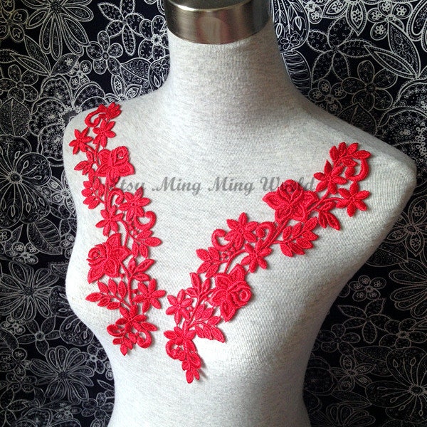 Venice Applique - 1 Pair Vintage Red Roses Applique Lace Trim (A172)