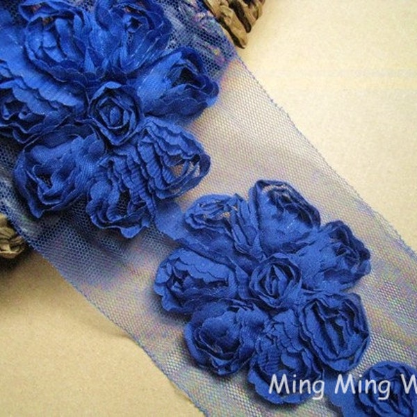 Chiffon Flower Lace Trim -1 Yard Blue Chiffon 3D Flowers Lace Trim(C77)