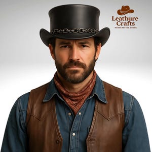 Gothic Cowboy Leather Top Hat: Steampunk Skull Chain Biker Hat