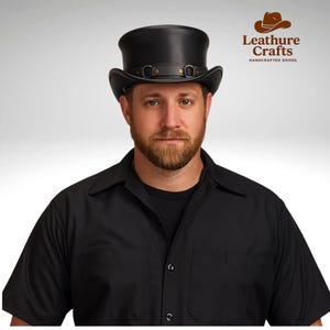 Black Leather Top Hat | Handmade Steampunk Cowboy Hat | Gothic Victorian Hat | Men’s Festival Topper | Vintage Rocker Costume Hat