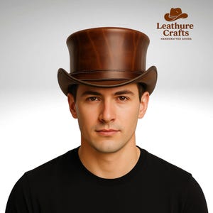 Handmade Brown Leather Top Hat – Steampunk Cowboy Western Hat – Vintage Style Victorian Hat for Men & Women – Custom Size Festival Hat
