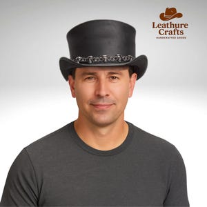 Gothic Leather Top Hat with Skull Chain: Steampunk Biker Festival Hat
