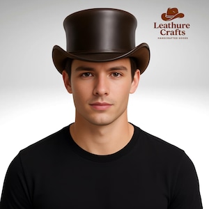 Handcrafted Leather Top Hat for Men – Brown Steampunk Cowboy Hat | Vintage Victorian Costume Hat | Gothic Festival Cosplay Accessory