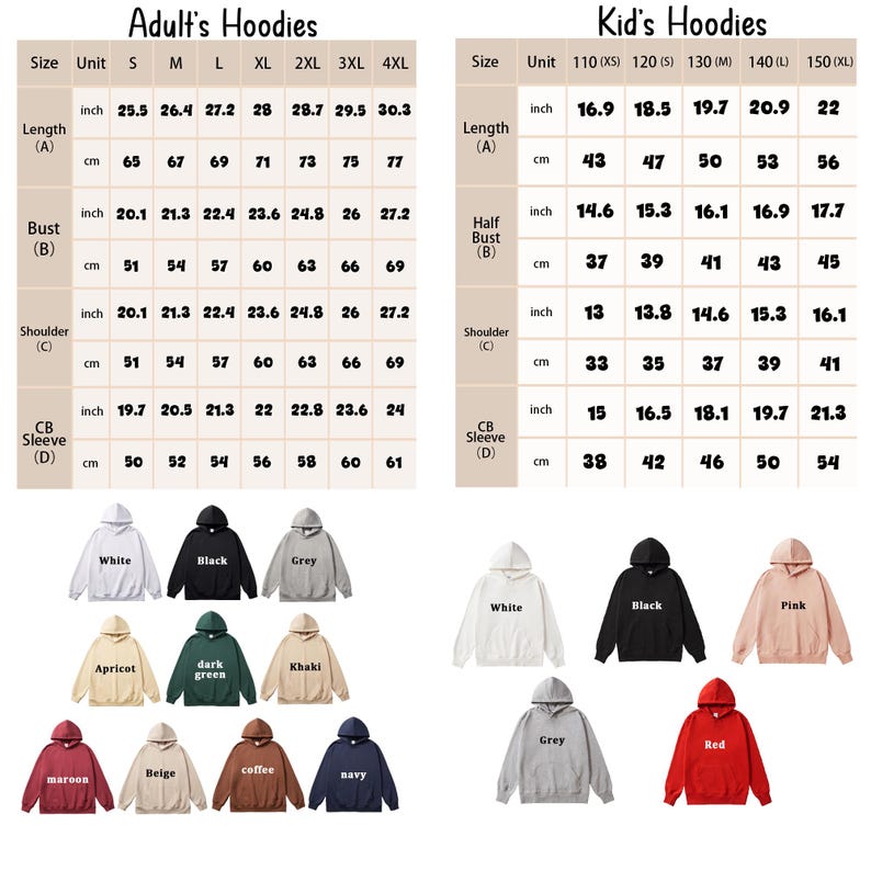 May include: A product image showcasing a variety of hoodies in different colors, including white, black, grey, and pink. The image also displays size charts for both adult and kid sizes, with measurements in inches and centimeters.