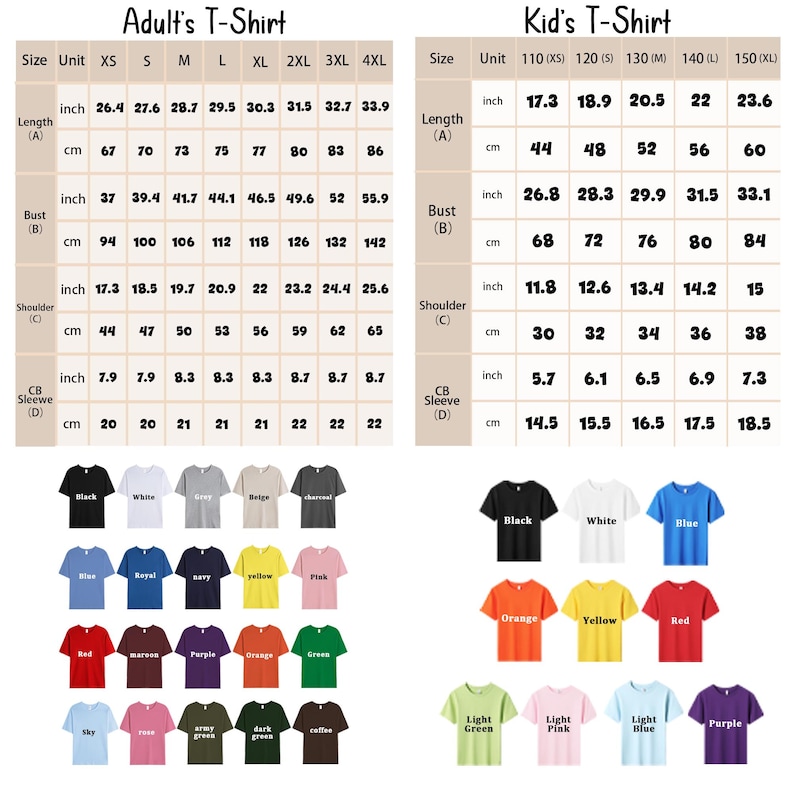 May include: A chart displaying t-shirt sizes for adults and kids, with measurements in inches and centimeters. Various t-shirt colors are shown, including black, white, blue, and red. The chart includes size details for length, bust, shoulder, and sleeve.