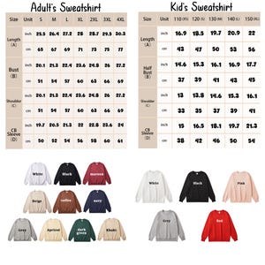 May include: A chart displaying adult and kid sweatshirt sizes, including length, bust, shoulder, and sleeve measurements in inches and centimeters. Sweatshirts are shown in various colors: white, black, maroon, beige, coffee, navy, grey, apricot, dark green, khaki, pink, and red.