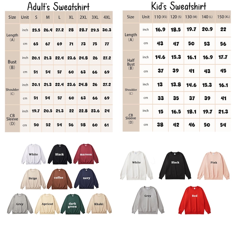May include: A chart displaying adult and kid sweatshirt sizes, including length, bust, shoulder, and sleeve measurements in inches and centimeters. Sweatshirts are shown in various colors: white, black, maroon, beige, coffee, navy, grey, apricot, dark green, khaki, pink, and red.
