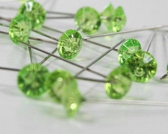 Set of 12 Apple Green  Gem Floral Bridal Hat Pin Scrapebooking Stick pins 2" Long