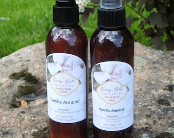 Vanilla Almond, Lotion, All Natural, Organic, Body Cream, Vanilla Almond, Crème, Lotion, Body Spry  Paraben Free Aromatherapy 2 PC Set 8 oz