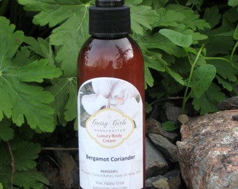 Body Cream, All Natural Cream~ Bergamot Coriander ,Lotion, Paraben Free, Aromatherapy