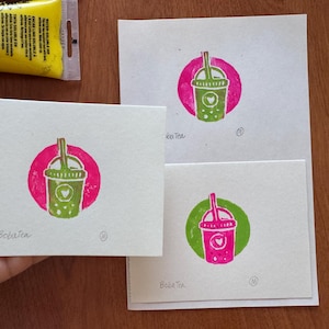 Bubble Tea Linocut Print: Kawaii Kitchen Art, Boba Lover Gift (4x3in)