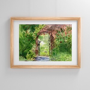 Peaceful garden Art Print | Watercolor painting of bricked wall with a decorative gate | Couple walking in park | home decor wall art