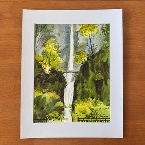 Multnomah Falls Watercolor Painting – Oregon Waterfall Landscape Wall Art, Pacific Northwest Nature Decor 14x11in