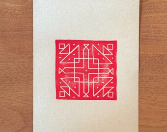 Traditional rangoli Linocut Print: Handmade Folkart geometrical Block Print 4x6”