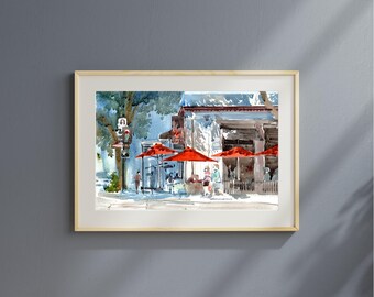 European Cafe Print | Outdoor Dining Watercolor Art Street Scene | Restaurant Wall Decor Gift