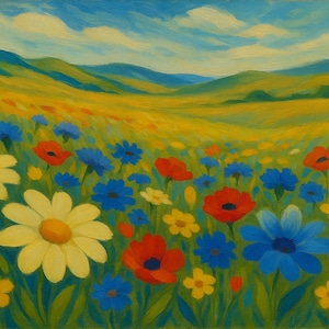 Bright Wildflower Meadow with Daisies Poppies and Cornflowers under Rolling Hills and Blue Sky Floral Landscape Art Print