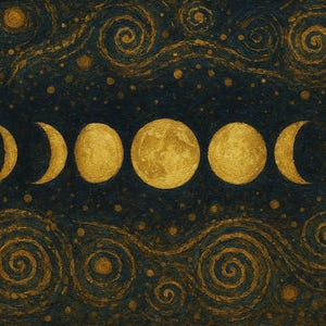 Golden Moon Phase Art Print on Dark Starry Background Abstract Celestial Wall Decor for Living Room Bedroom Office