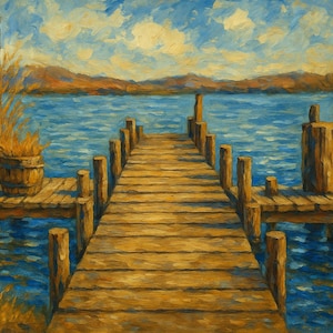 Lake Dock Art Print houten pier op Tranquil Lake, rustieke hut muurdecoratie, landschap aan het water