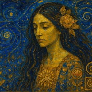 Starry Night Woman Art Print Celestial Portrait in Blue & Gold, Art Nouveau Style Wall Decor