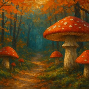 Enchanted Mushroom Forest Path Whimsical Red Toadstools Lining Autumn Woodland, Fairy Tale Fantasy Art