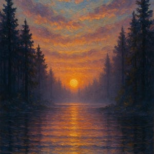 Sunset Over Misty Pine Lake Reflection Poster Print Impressionist Woodland Landscape Art for Cabin and Home Decor