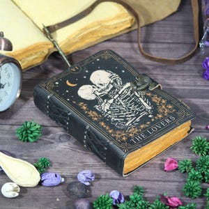 The Lovers Grimoire – Gothic Leather Book of Shadows | Skull Tarot Journal with Lock | Blank Spell Book of Shadows | Handmade Halloween Gift