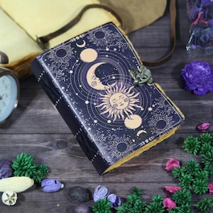 Sun and Moon Celestial  Leather Journal with Lock | Celestial Book of Shadows | Wiccan Grimoire | Moon Phase Spell Book | Witchcore Gift