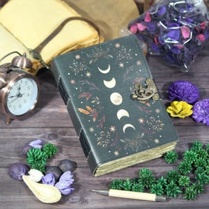 Sacred Moon Leather Journal | Phases of the Moon Spellbook | Ritual Writing Book | Handmade Paper Diary | Nature Witch Gift | Botanical Core