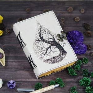 White Leather Tree of Life Journal with Lock – Handmade Deckle Paper Diary | Spiritual Sketchbook, Gift for Writers, Artists & Nature Lovers