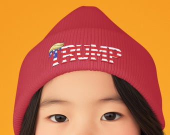 Czapka beanie dla niemowląt z haftem Trump, republikański prezent dla dziecka, patriotyczna czapka dzianinowa z amerykańską flagą, konserwatywna czapka niemowlęca, zimowa czapka dla niemowląt w USA