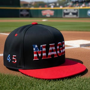 Może przedstawiać: Czarna czapka bejsbolowa z czerwonym daszkiem i czerwonym guzikiem. Słowo "MAGA" jest wyhaftowane w kolorze czerwonym, białym i niebieskim, z numerem "45" wyhaftowanym z boku. Czapka leży na boisku do baseballu.