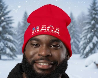 Haftowana dzianinowa czapka MAGA, patriotyczna czapka zimowa, zimowa czapka Trump, czapka beanie Trump, czapka beanie Trump Make America Great Again 45-47
