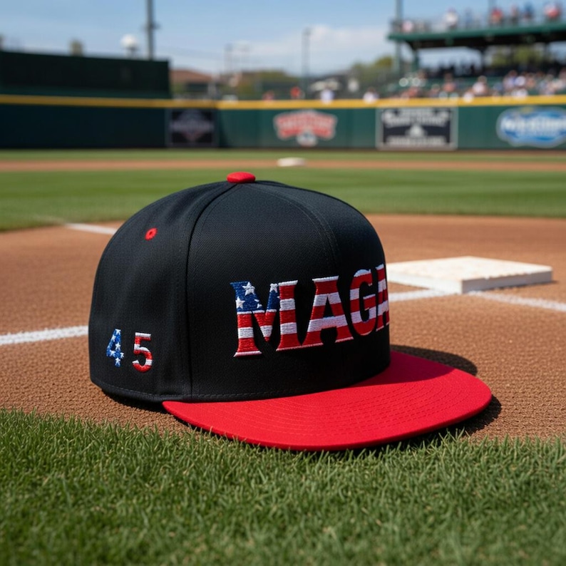 Może przedstawiać: Czarna czapka bejsbolowa z czerwonym daszkiem i czerwonym guzikiem. Słowo "MAGA" jest wyhaftowane w kolorze czerwonym, białym i niebieskim, z numerem "45" wyhaftowanym z boku. Czapka leży na boisku do baseballu.
