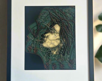 Papercut Effect Woman Portrait: Botanical Art Print, Green or Orange