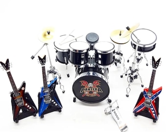 Miniature Drums Pantera Black 3 Guitars Exclusive Signature Musical Display Gift Handmade 1/6 Scale