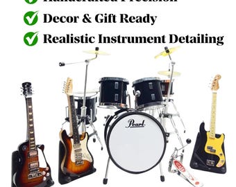 Miniature Black Drum Pearl + Guitar 1/12 Scale | Handmade Music Instrument Gift Display