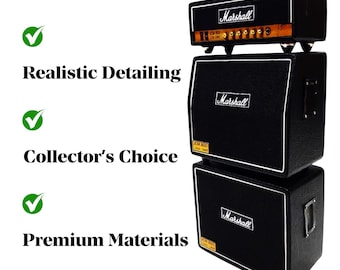 May include: A black Marshall amplifier stack with a head and two speaker cabinets. The head has gold knobs and the Marshall logo. The cabinets have the Marshall logo and model information. The image also includes the text "Realistic Detailing", "Collector's Choice", and "Premium Materials".