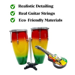 May include: Two conga drums with red, yellow, and green gradient paint, a black stand, and a small guitar with the same colour scheme. The guitar has real guitar strings. The text reads: Realistic Detailing, Real Guitar Strings, Eco-Friendly Materials.