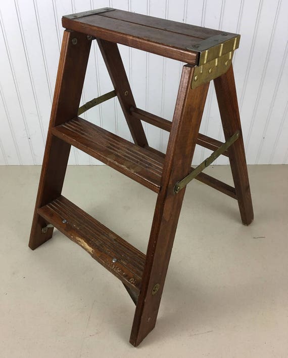 Vintage Wood 2 Step Ladder Brass And Image 0