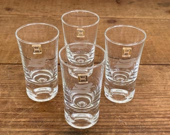 Vintage 1970s Hadeland Norway Crystal Shot Glasses - Original Boxes - 4 Glasses -  Royal Viking Line Etched Dove Logo Weighted Bubble Base