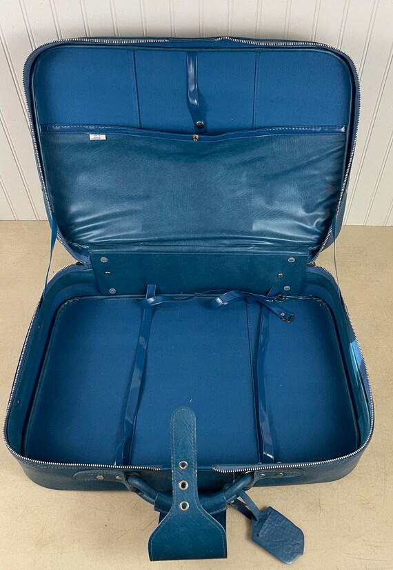 Vintage Blue Leather Suitcase, Soft Shell Luggage - image 7