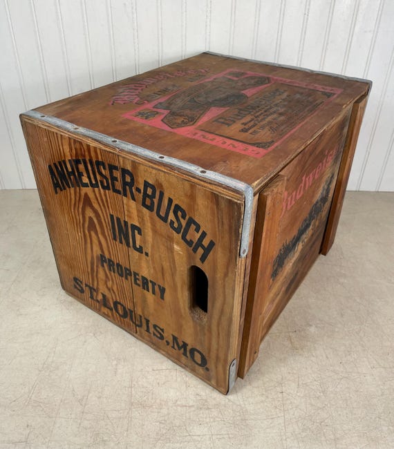 Vintage Budweiser Wooden Crate With Hinged Lid - Metal Trim Beer
