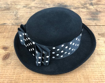 Vintage Hat Black with Polka Dot Ribbon Bow