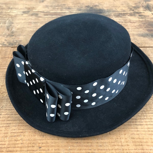 Vintage Hat Black with Polka Dot Ribbon Bow