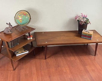 Rare Mid-Century Merton Gershun &quot;X Inlaid&quot; Walnut Coffee Table & 3-Tiered Side Table - American of Martinsville MCM Set