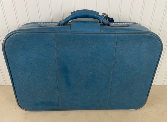 Vintage Blue Leather Suitcase, Soft Shell Luggage - image 3