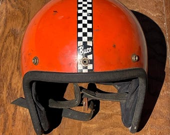 Vintage Buco Enduro Motorcycle Helmet - Open Face - 1970s Checker